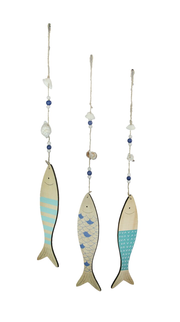 Set of 3 Hanging Wooden Fish Wall Decor Nautical Beach House Art Decorations